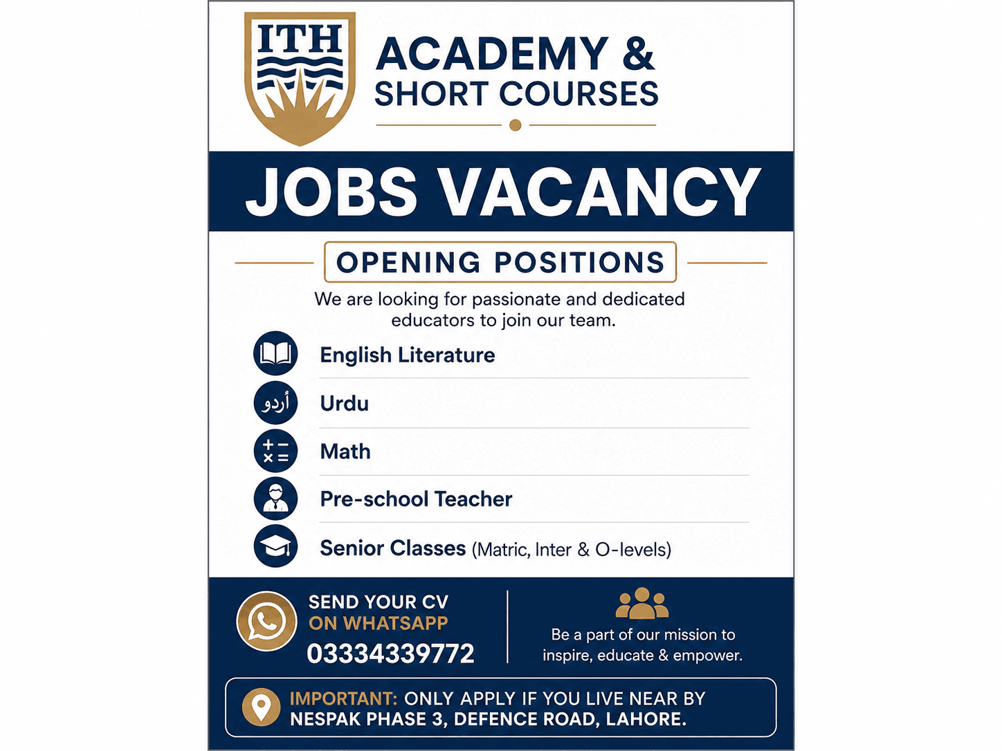 Teaching Jobs in Lahore – English, Urdu, Math & Pre-School Teachers Required | ITH Academy — photo 1 of 1