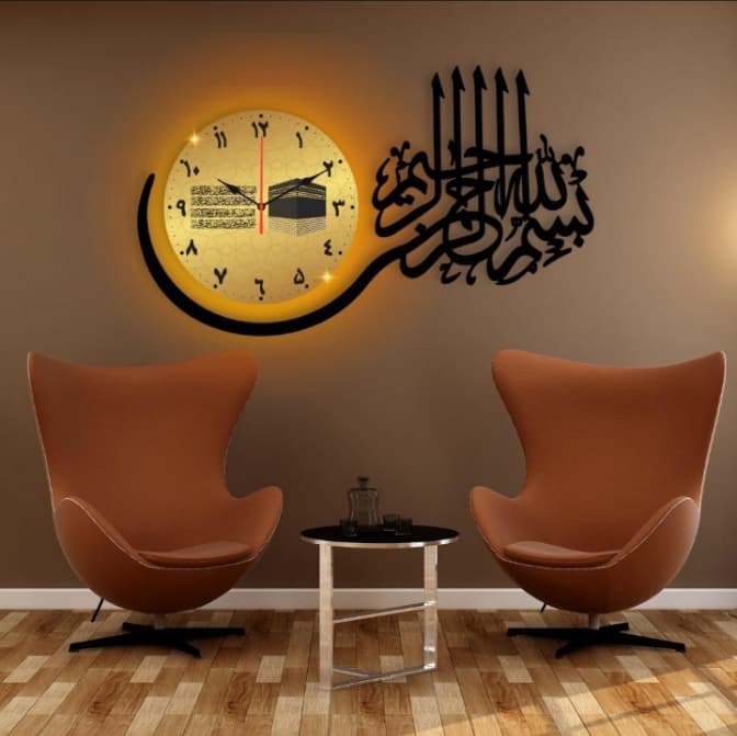Islamic Calligraphy Wall Clock Black Gold Backlight 66x41" — photo 1 of 7