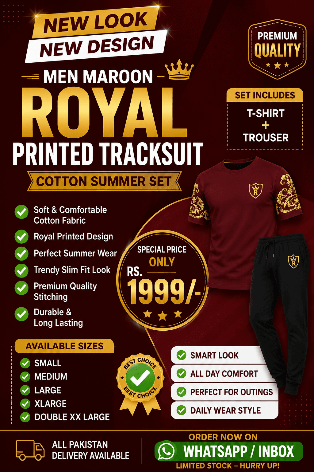 Men Maroon Royal Printed Tracksuit Cotton Summer Set – Slim Fit Style — photo 1 of 5