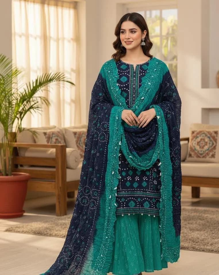 Unstitched Printed Linen 3-Piece Suit Green Navy Blue — photo 1 of 2